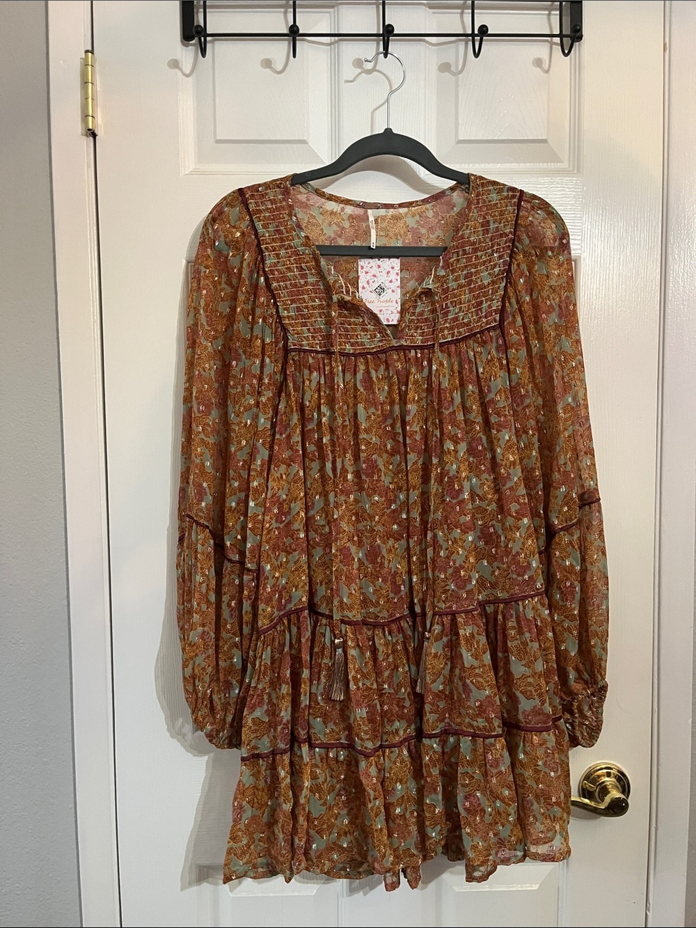 Free People NWT Free Swinging Burnt Orange Floral Tiered Mini Dress M - Picture 5 of 13
